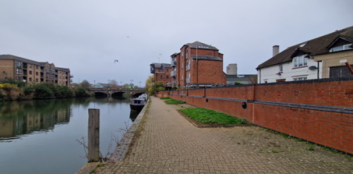 This image: a photograph of the footpath along the south bank River Nene, looking from the direction of the A508.
The map in this chapter shows map markers with different icons, each representing some of the challenges we have identified within Northampton and the opportunities these present to improve the town.
Clicking on these map markers brings up photographs showing the current conditions of each location.
